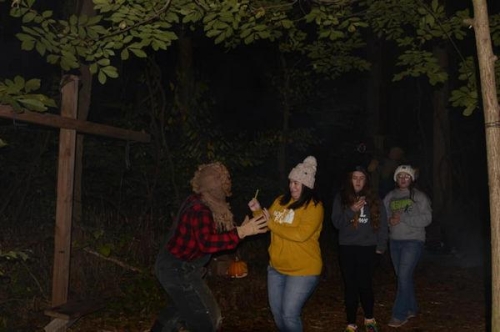 Haunted Woods Scarecrow Confronts Woman